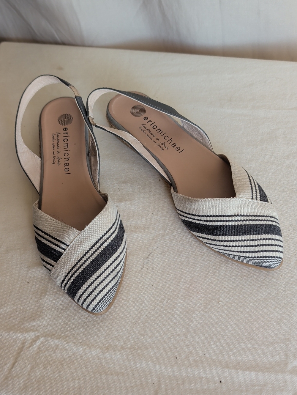 Eric Michael Black & White Striped Slingback Pointed Flats Casual Vacation Wear